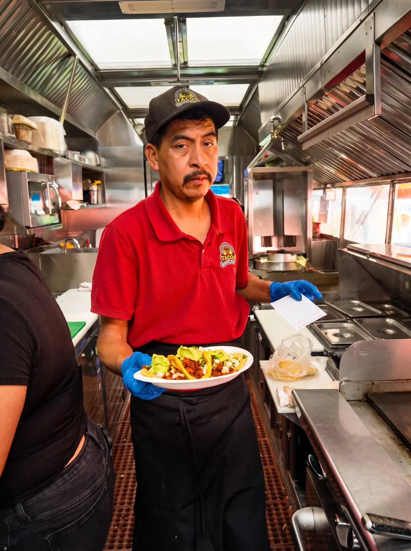 Cook inside the JC Tacos el Borrego truck holding a fresh plate of tacos